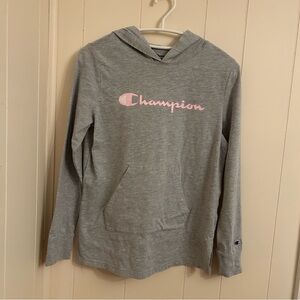 Champion Kids Light Gray Hoodie with Pink Logo